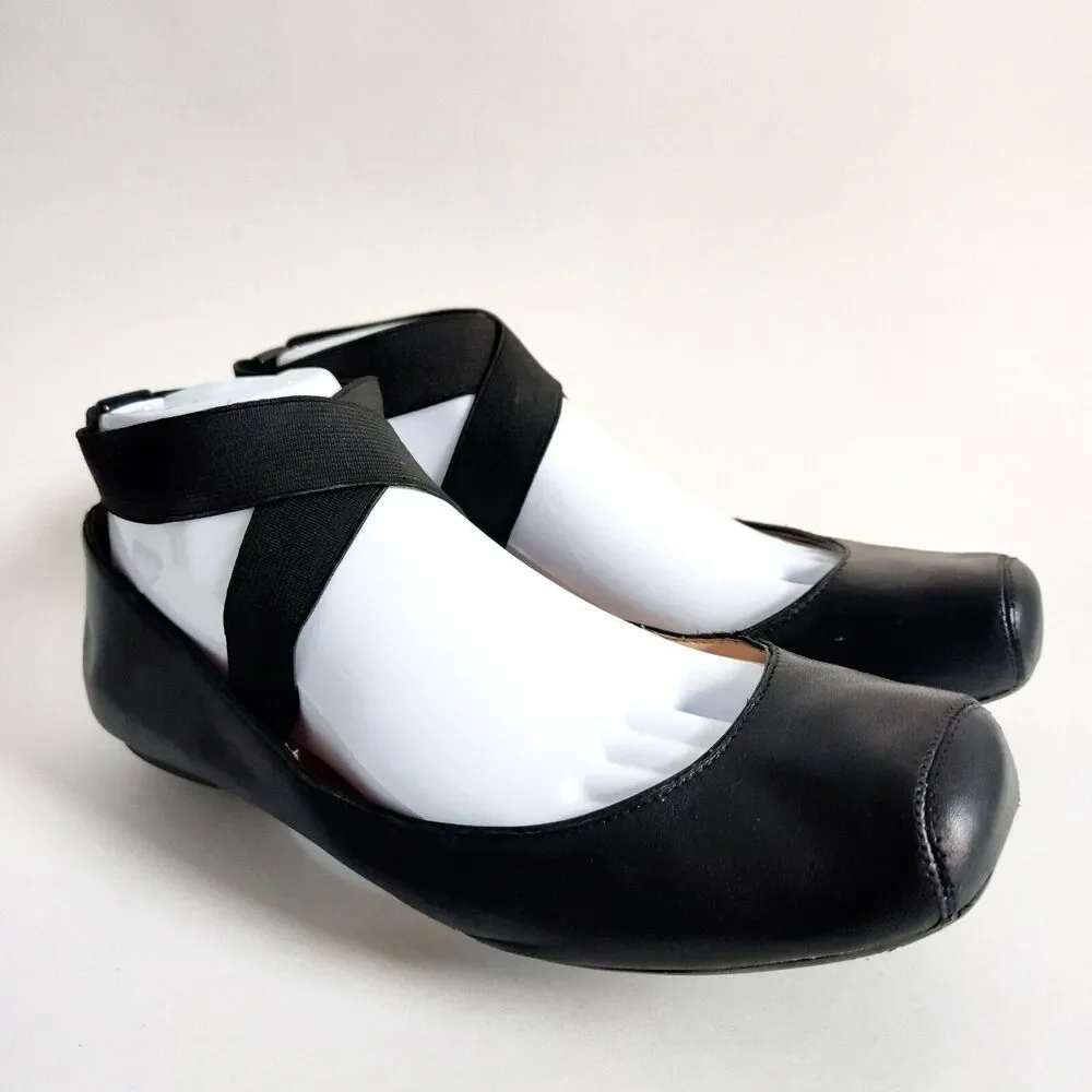 Jessica Simpson Ballet Flats Ankle Strap Slip On Black Girly Leather Size 9 / 39